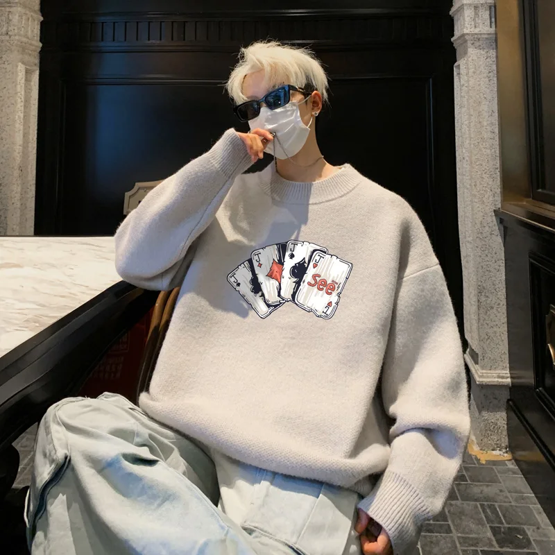 Sweter Pria Ukuran Besar Musim Gugur Putih Rajutan 5XL Motif Poker Fashion Pakaian Kasual untuk Pria Pullover Rajut Pakaian Pria