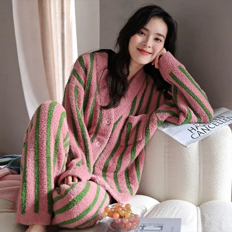 Striped Coral Velvet Pajamas Women Winter Thermal Half Velvet Nightclothes Two-Piece Female Fleece-lined Thicken Loungewear Suit