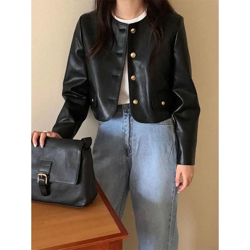 Y2K Black Pu Leather Jacket Women Streetwear Cropped Motorcycle Coat Bf Vintage Korean O Neck Casual Chic Short Outwear Tops New