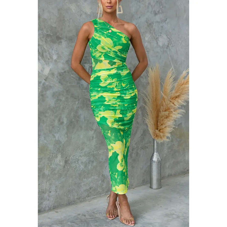 여성 봄 여름 신상 플라워 프린트 스트레치 오프숄더 프린트 드레스 캐주얼 휴가 원피스 바디콘 슬림