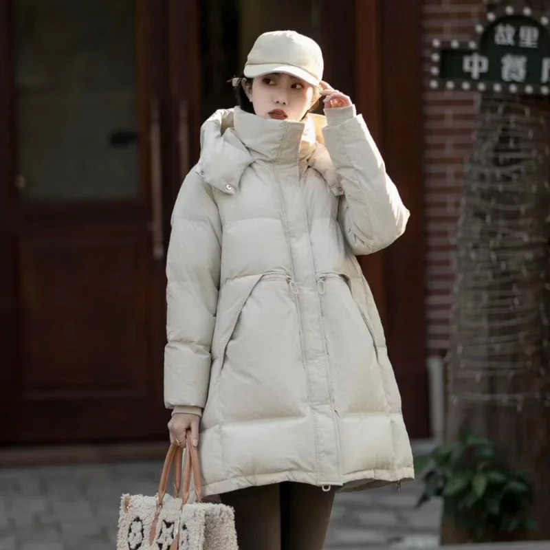 

Women's Winter Down Jacket Long Hooded Parker Coat Simple Light 90 White Duck Down Fashion Temperament Fluffy Warm Down Jacket