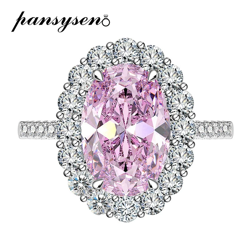 

PANSYSEN Trendy 925 Sterling Silver 8*12mm Oval Cut Pink Sapphire Citrine High Carbon Diamond Ring Cocktail Party Fine Jewelry