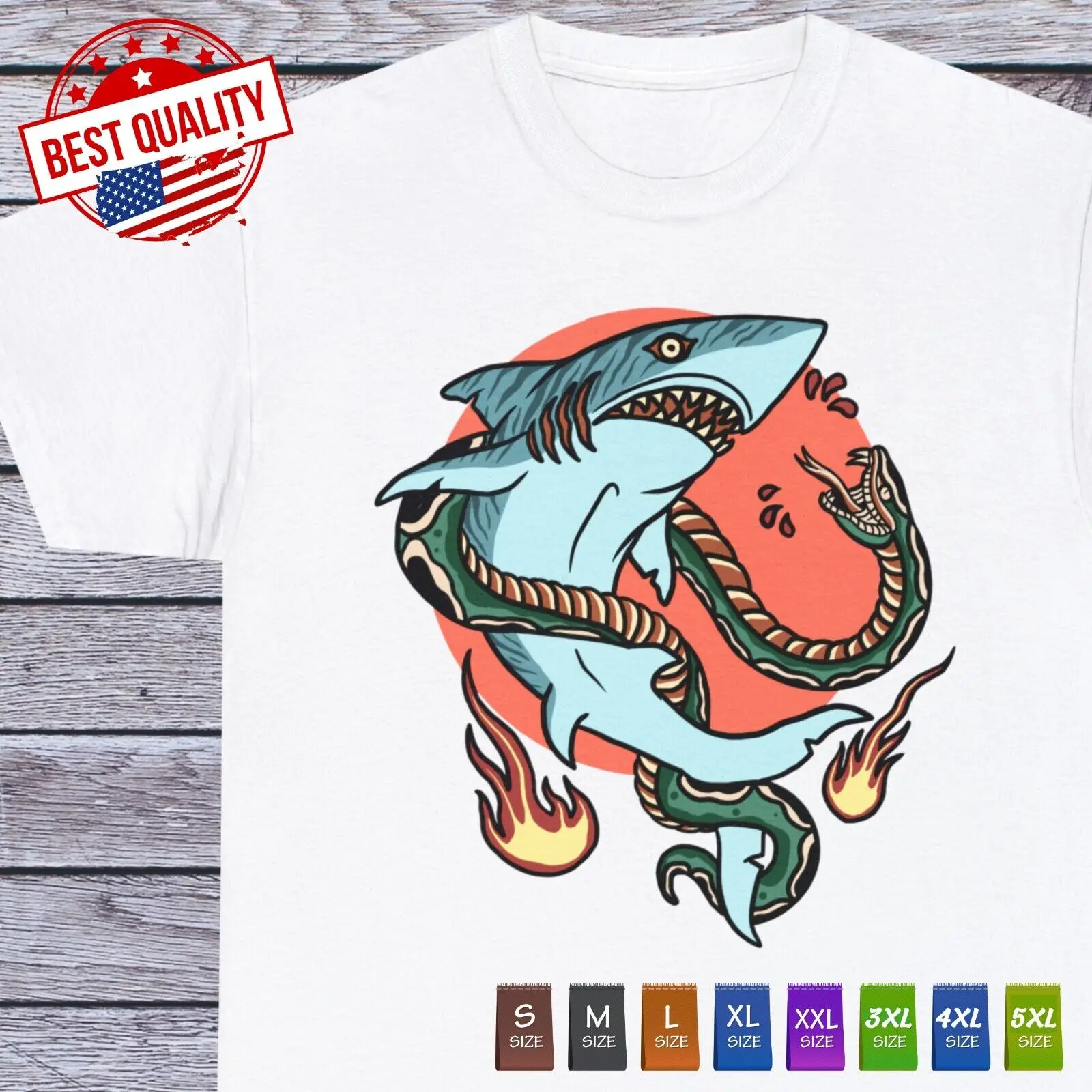 Shark Vs Snake T Shirt Traditional Tattoo Old School Tee Vintage Clothing