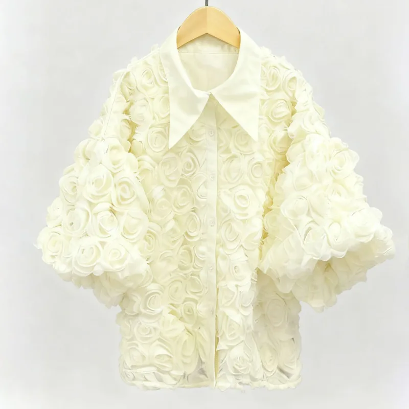 HKSH printemps été nouvelles femmes chemise manches courtes haut de gamme fleur tridimensionnelle simple boutonnage tendance Blouse Chic haut HK17811