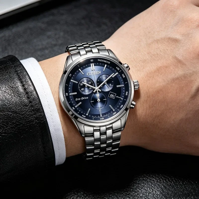 Citizen AT2140-55L Men Business Casual Wristwatch Eco-Drive Chronograph Function Blue Dial Sapphire Glass Stainless Steel Band