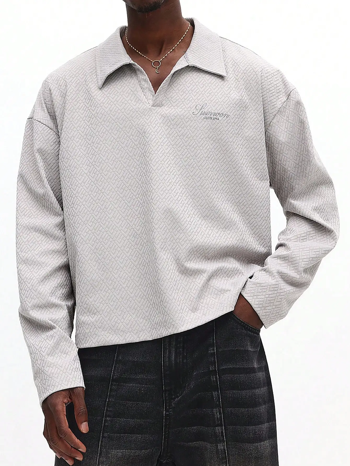 

Текстурированная рубашка с воротником и молнией до четверти, с длинными рукавами, для повседневной носки в выходные.