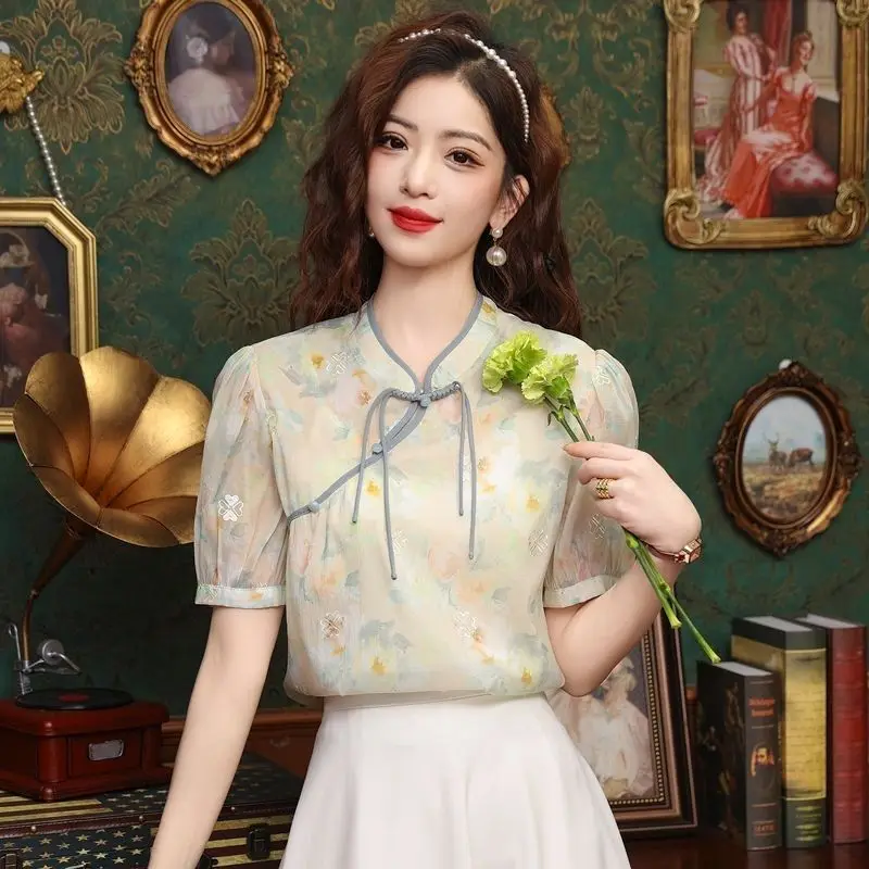

New Chinese Style Modified Qipao Slant Lapel Buttoned Chiffon Short Sleeve Blouse