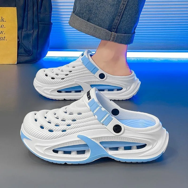 Men's thick-soled cool slippers men's summer wear one-word drag breathable beach shoes outdoor hole shoes bag head drag