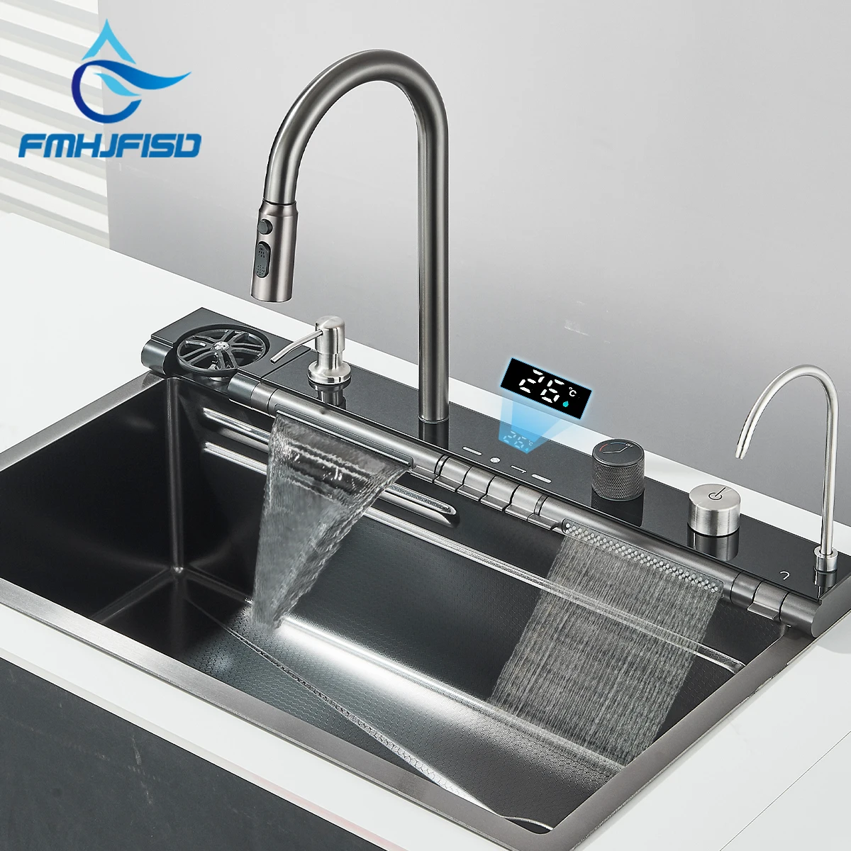 Fregadero de cascada de cocina de acero inoxidable, pantalla Digital, fregadero individual grande, lavabo, purificación, taza de agua, grúa lavadora