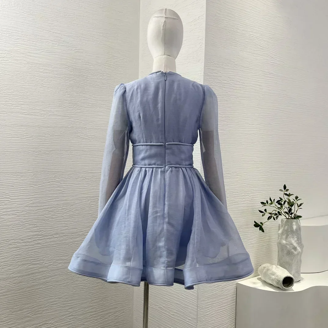 Linen Silk 2024 Autumn New High Quality Blue Full Sleeve Deep V-Neck Lace-up Women Mini Dress