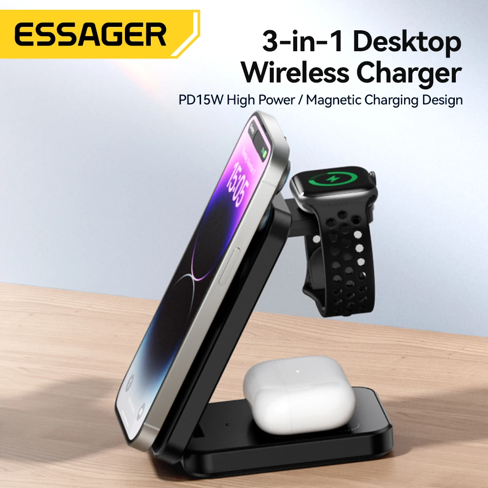 Essager 3 in 1 Magnetic Charger Stand 15W Wireless Charging For iPhone 15 14 13 12 Apple Watch Airpods Pro Chargers Dock Holder