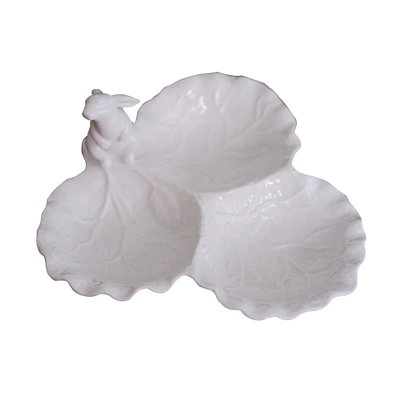 1PCS Cute Rabbit plate, embossed leaf shaped ceramic three-grid plate,8 Inches fruit plate, separated plate