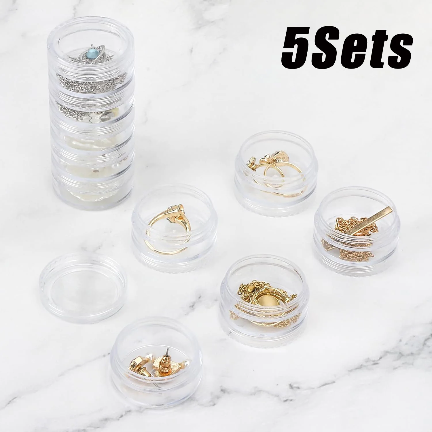 

5 Sets Stackable Round Plastic Containers Clear Bead Storage Containers Box with 5 Compartment Mini Travel Jewelry Organizer Box