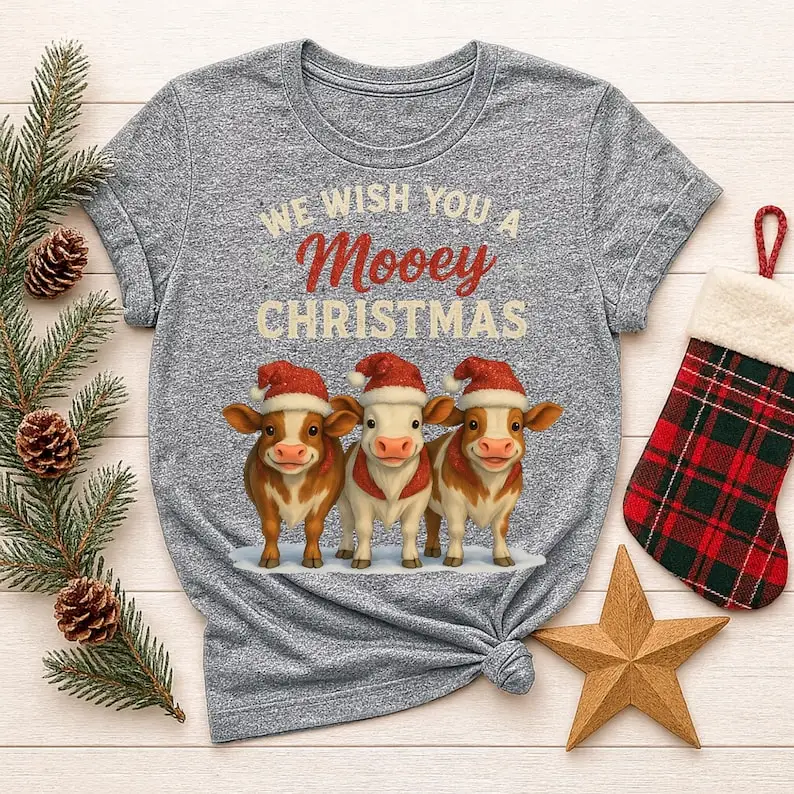 Mooey عيد الميلاد عطلة تي شيرت أكواب وفن قابل للطباعة جميل ثلاثة الأبقار الرسوم المتحركة نمط قصيرة الأكمام الجمالية الشارع الشهير تيز