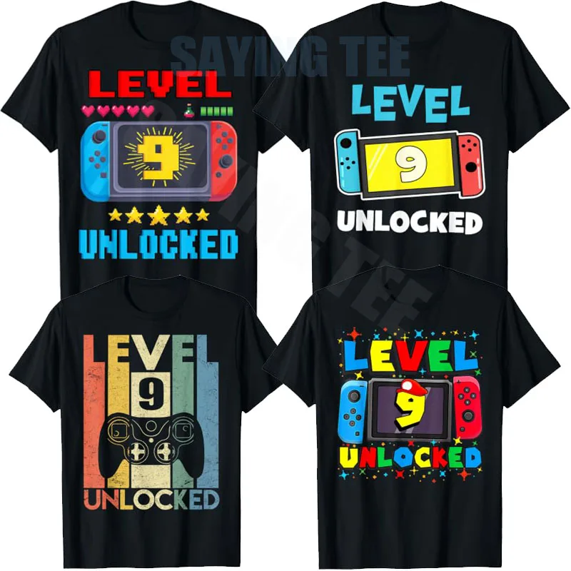 Level 9 Unlocked Video Gamer Vintage T-Shirt Boys Fashion 9 Years Old Clothes Y2k 9th Birthday Gift for Sons Nephew Gaming Tee