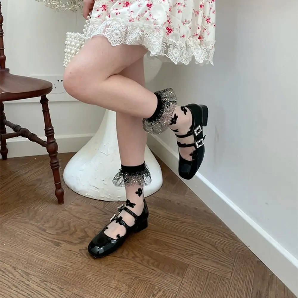 

Elastic Sweet Transparent Socks Sequin Flower Lace Mesh Socks Hosiery Women Ruffle Lolita Stockings Summer