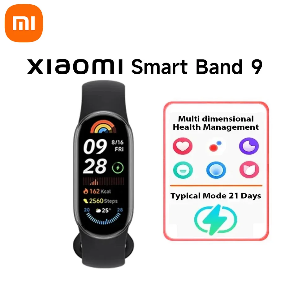 

Xiaomi Smart Band 9 150+ спортивных режимов Мониторинг сна 1,62-дюймовый AMOLED-дисплей Батарея 21 день Mi Наручные спортивные часы Быстрая доставка