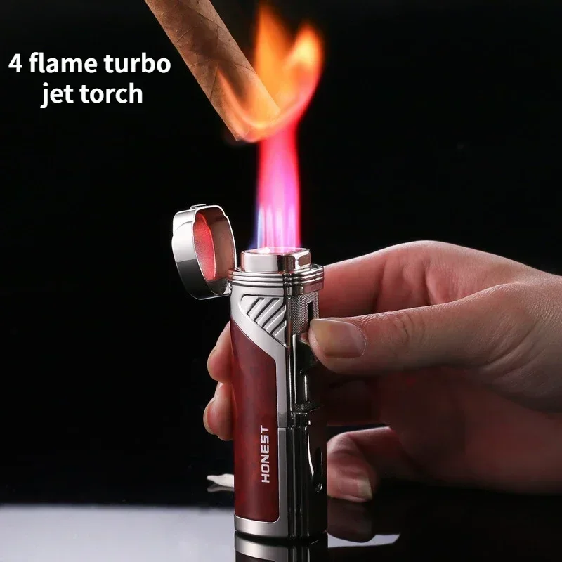 HONEST High End 4 Flame Turbo Jet Butane Gas Lighter Creative Windproof Red Flame Cigar Lighter Men's Smoking Accessories