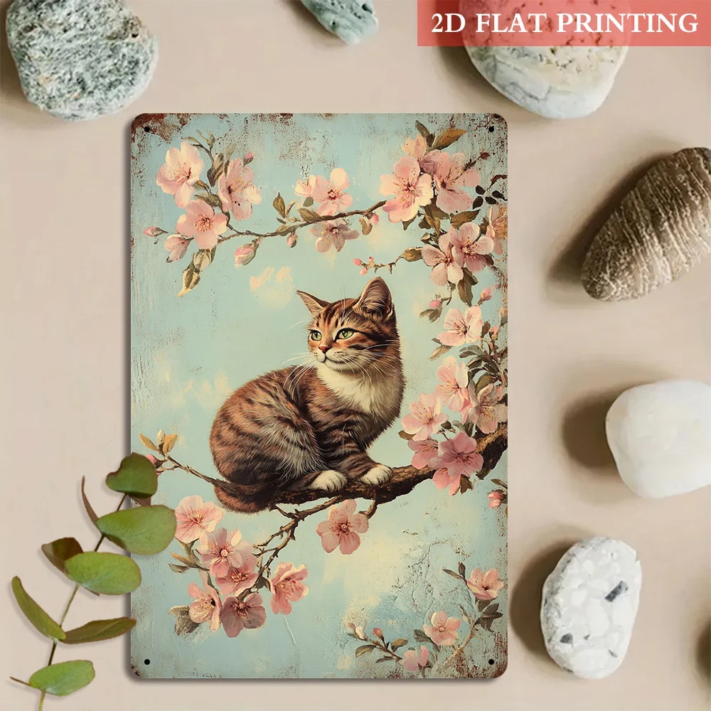 Vintage Tabby Cat Cherry Blossom Metal Wall Sign 8x12in Turquoise Iron Shabby Chic Decor For Cat Lovers Indoor Outdoor