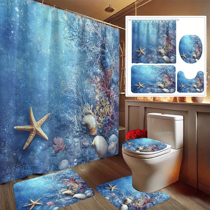 

4pcs Undersea World Printed Shower Curtain Set, Decorative Bathroom Set Includes Shower Curtain, Non-Slip Floor Mat, Toilet Se