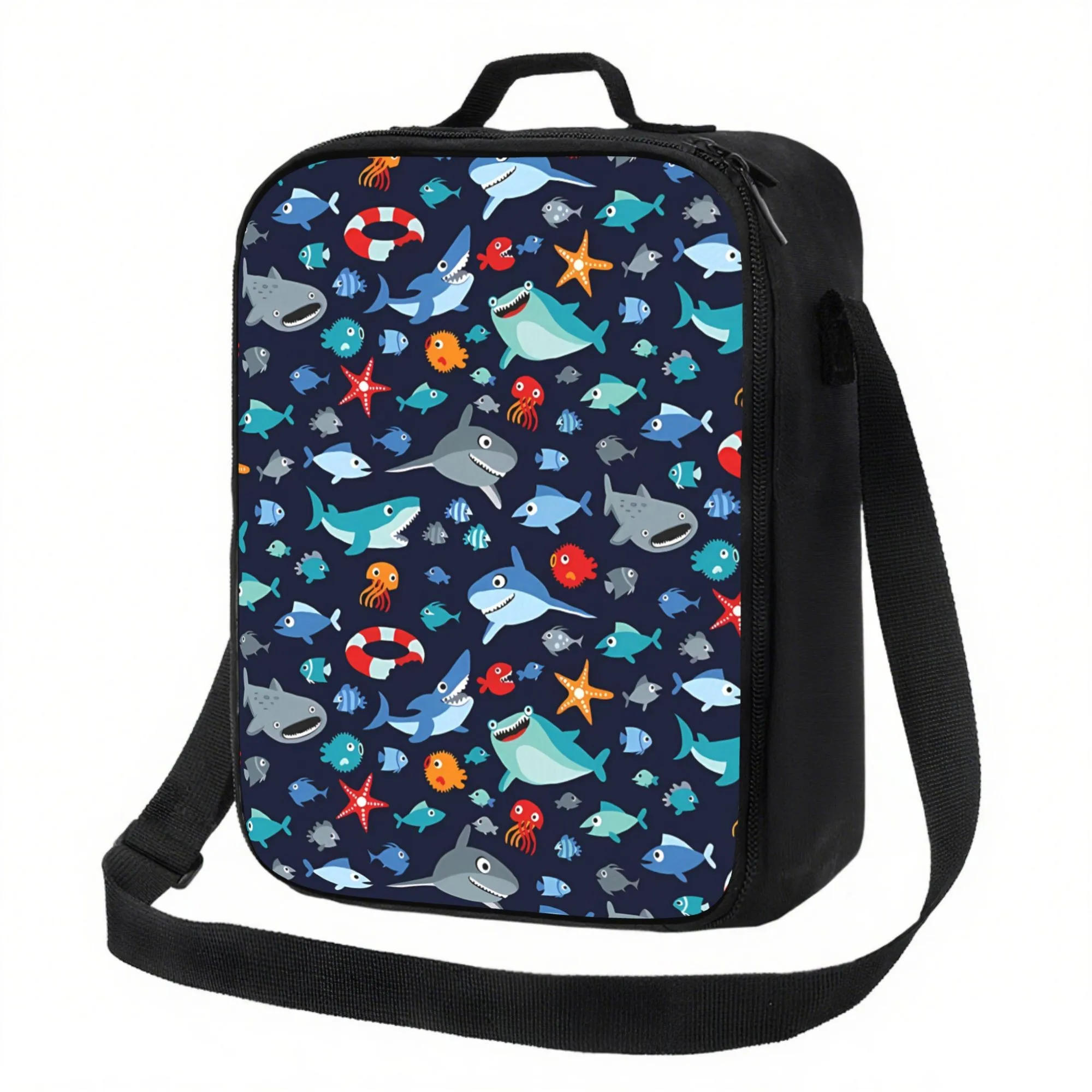 Shark Design Insulated Lunch Bag 600D Oxford Fabric Adjustable Strap for School Office Picnic