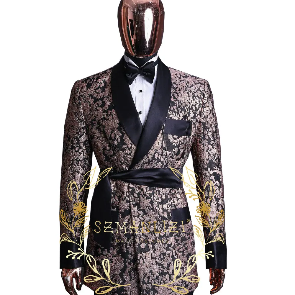 Trajes florales para hombre, Blazer de negocios de doble botonadura, esmoquin de novio de boda, chaqueta de 2 piezas, pantalones, cinturón, traje para hombre