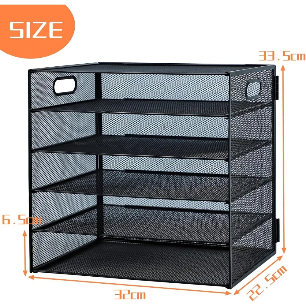 صينية حروف ورقية مكونة من 5 طبقات مع مقبض، منظم ملفات مكتب شبكي معدني مع صواني، صواني حفظ الملفات المكتبية الورقية مقاس A4، وثنائي المجلات