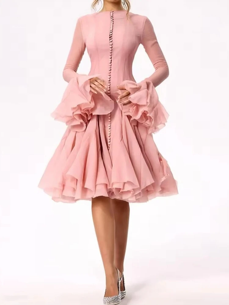 فستان ميدي مثير بياقة دائرية وأكمام طويلة غير منتظمة بطيات مرقعة للنساء فساتين ضيقة بأكمام مضيئة وردية اللون وحفلات الكوكتيل #2