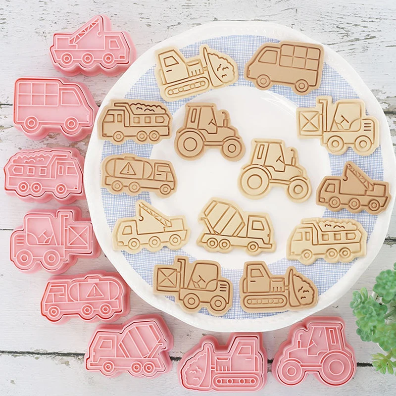 8pcs/set Engineering Truck Cookie Cutters Plastic 3D Cartoon Pressable Biscuit Mold Cookie Stamp Kitchen Baking Pastry Bakeware