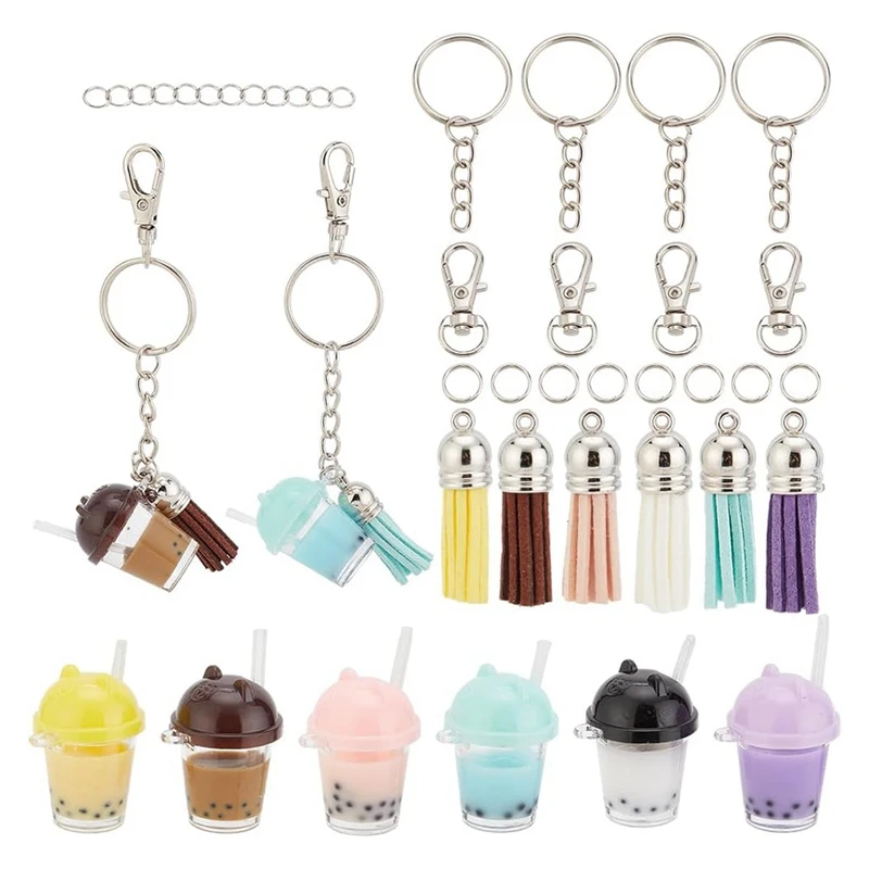 62Pcs Cup Keychain Making Kit, Including 6 Colors Bear Mini Cup Charms 3D Resin Bubble Tea Pendants And Tassel