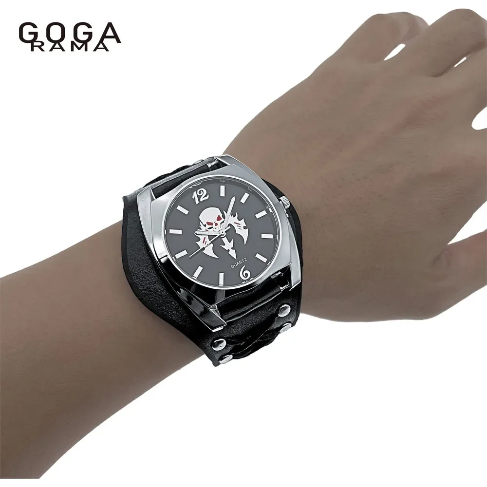 Classic Brand Black Leather Large Dial Skull Design Quartz Watch for Men's Fashion Ten Thousand Festival Funny Clock Gift