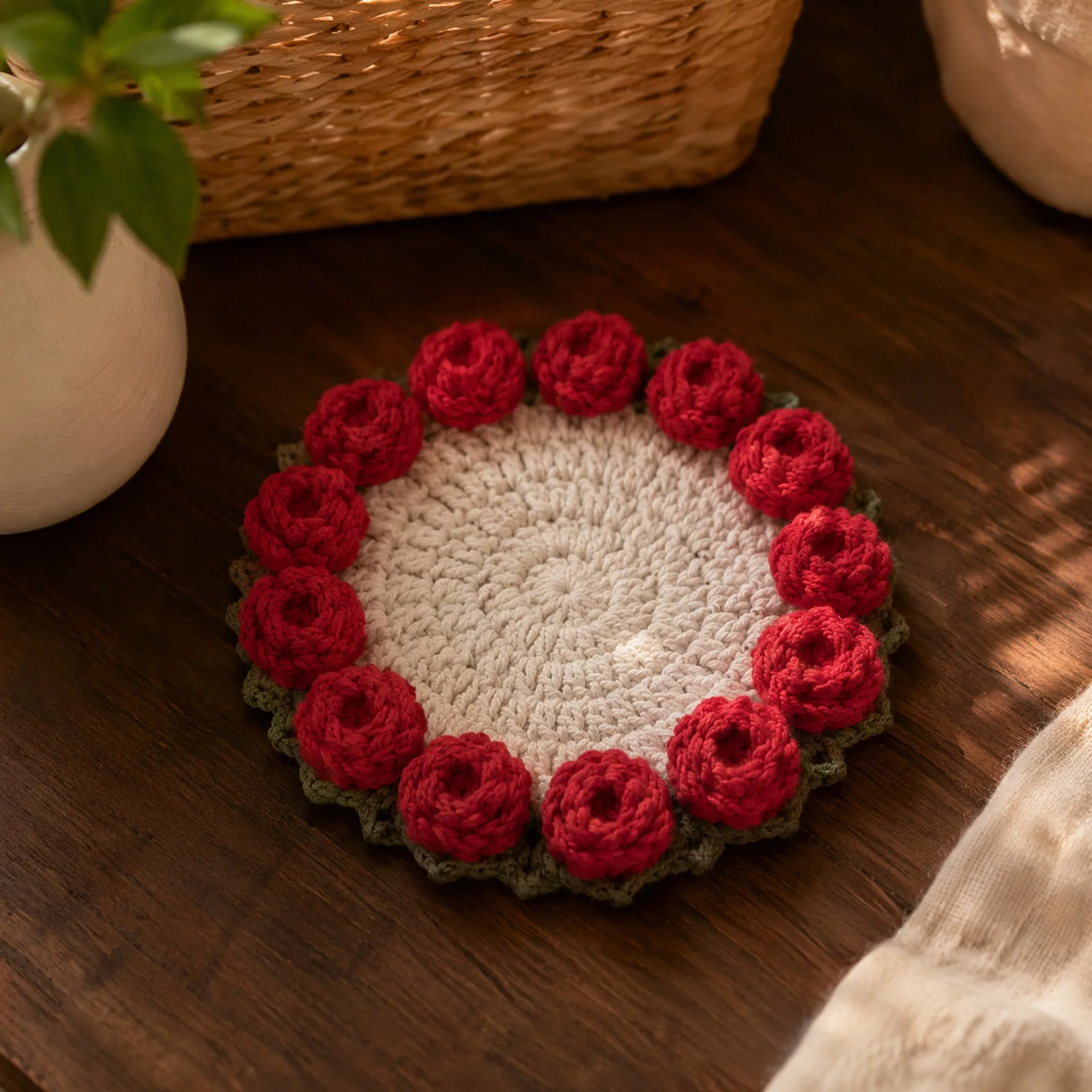 Hand-Knitted Rose Coasters Isolate Cup Stains Table Decor Gift Handcrafted Table Mat for Various Festive Occasions Gifts