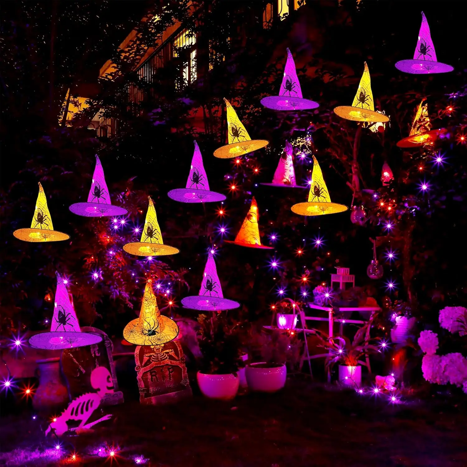 8/16Pcs Halloween Hanging Witch Hats String light Glowing Wizard Hats Outdoor Decoration Waterproof with Remote for Party Decor