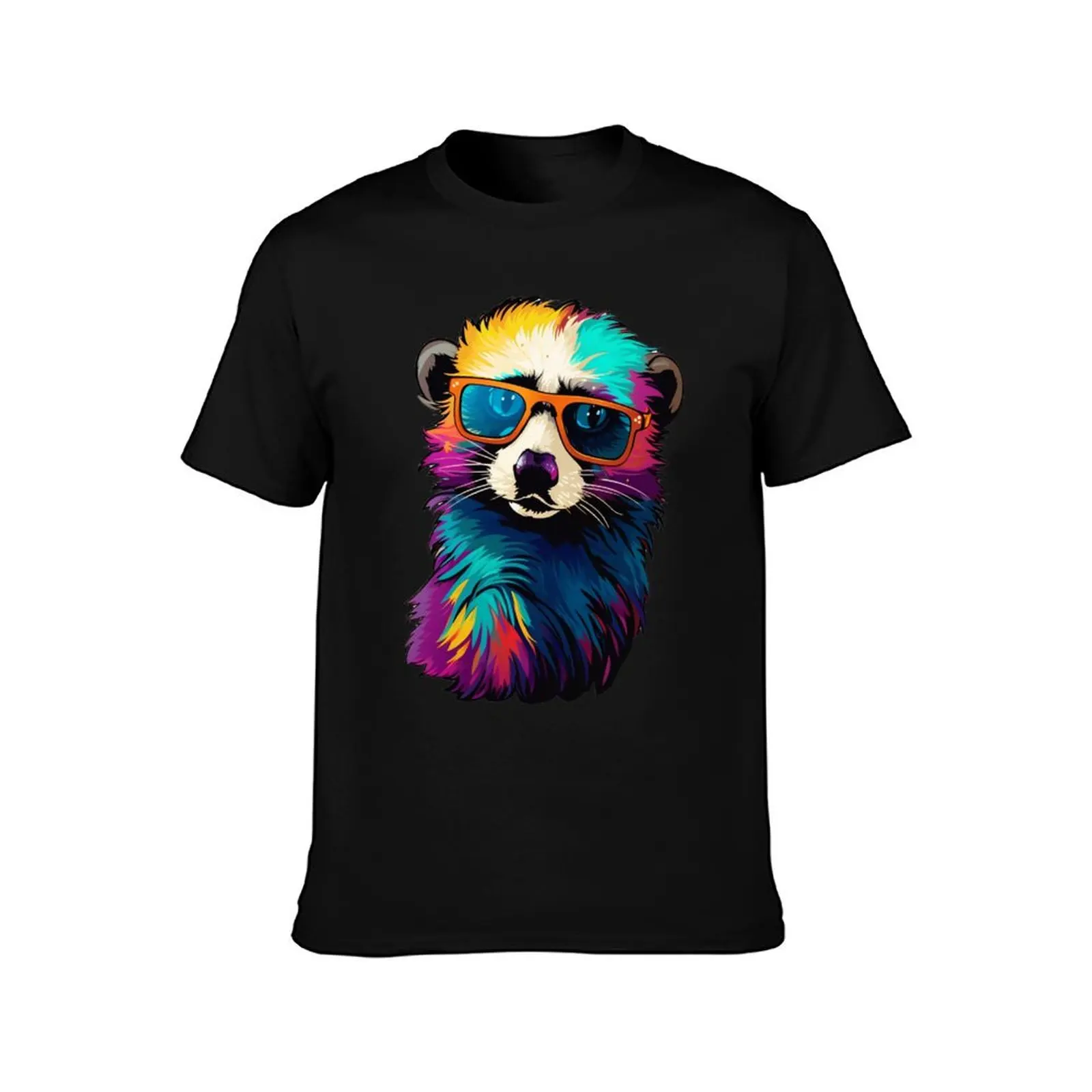 Colorful Ferret Wearing Sunglasses T-Shirt Vintage Style Printed Top