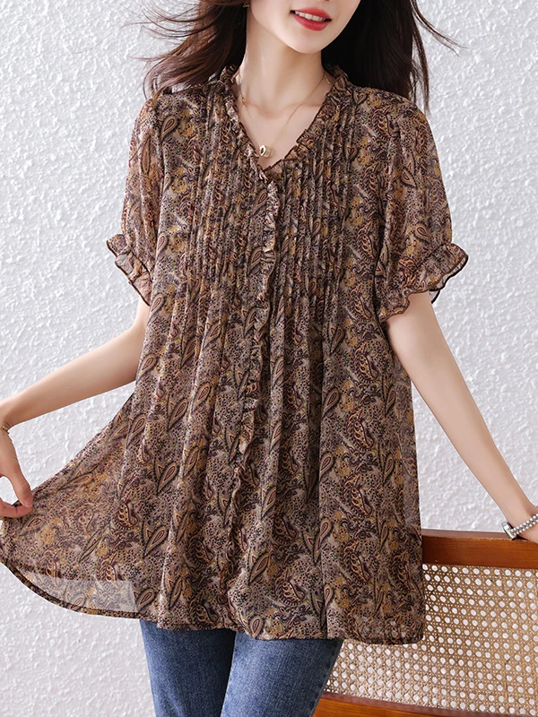 

plus Size V-Ne ort Sve Chiffon Top Women Loose Fit Midi Length Cover Belly Slimming Bla irt Summer Faion Ladies