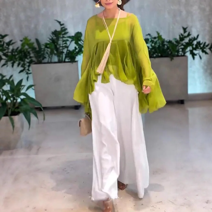 

Cross-Border European American Women's Two-Piece Set For Independent E-Commerce Sites Amazon: Chiffon Top Sleeves And