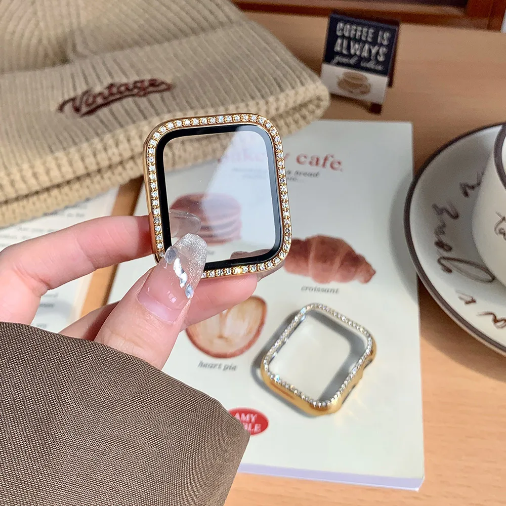 Glas + Diamantgehäuse für Apple Watch 46 mm 42 mm 44 mm-40-41-45 mm Serie 10 9 8 7 6 5 4 SE Bling Bumper Displayschutzfolie Zubehör