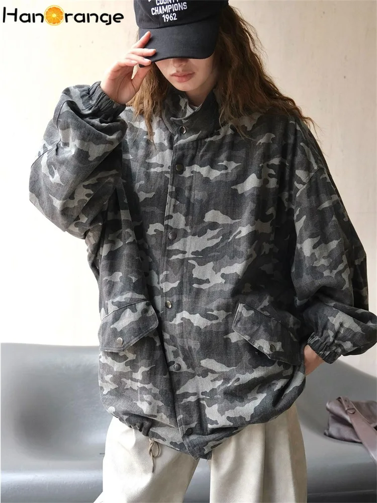 

HanOrange 2024 Autumn Camouflage Stand Collar Cotton Jacket Women Loose Silhouette Outdoor Leisure Jacket Army Green