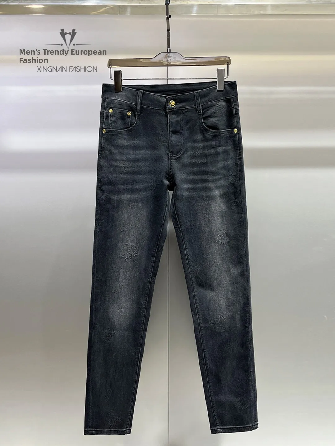 

Slim Fit Bla Denim Jeans Men's Faionable Waed Elastic Stretchy Thin Spring Summer Casual Pants mid Waist Zipper Closure