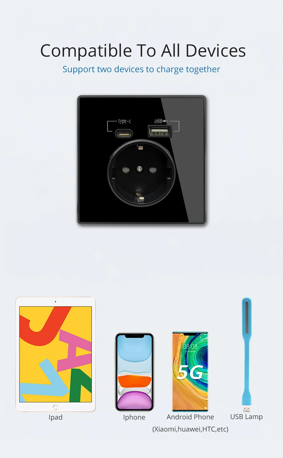 20W PD Typ-C A Schnittstellen-Steckdose Acryl-Spiegel-Kristallplatte Schwarze Wandsteckdose EU Russland Spanien Frankreich mit USB-Ladegerät-Halterung – Detail 2