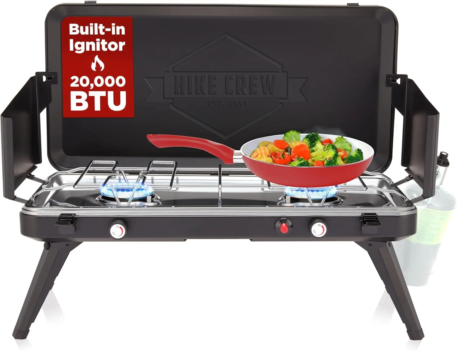 

20,000 BTU 2-Burner Propane Camping Stove with Foldable Legs, Integrated Igniter, Regulator, Wind Panels, Carrying Handle