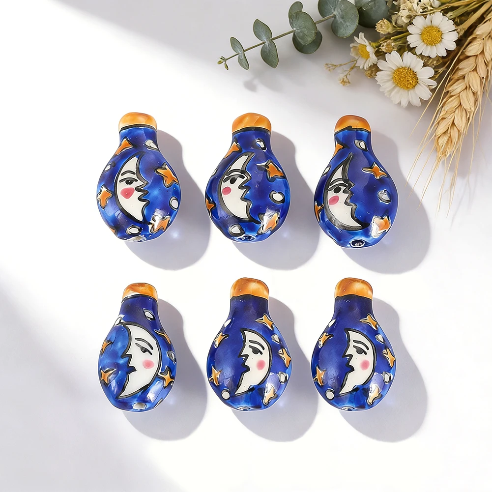 2pcs Hand-Painted Ceramic Moon Blue Vase Beads Jewelry Spacer Beads for DIY Necklace Strings Home Decor Curtain Hanging Trims