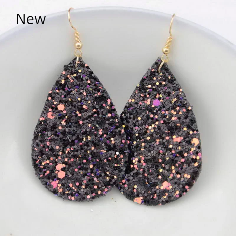 Glitter Teardrop Leather Earrings for Women Faux Leather Water Drop Earrings Wholesale Classic Jewelry