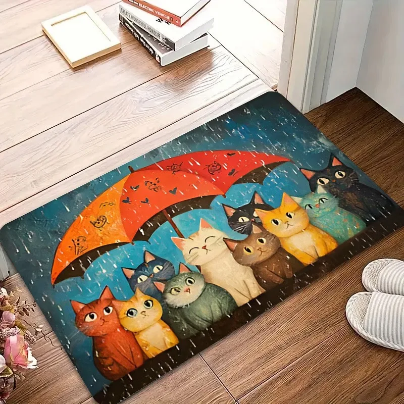 Group Cats Huddle Under Printed Umbrella In Rainy Background Art Print Anti Slip Rectangular Entrance Front Door Decor Floor Mat