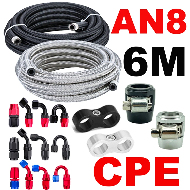 6M/19.68FT AN8 8AN Fuel Hose Oil Gas Cooler Hose Line Pipe Tube Nylon Stainless Steel Braided CPE Rubber Hose End Fitting Clamp