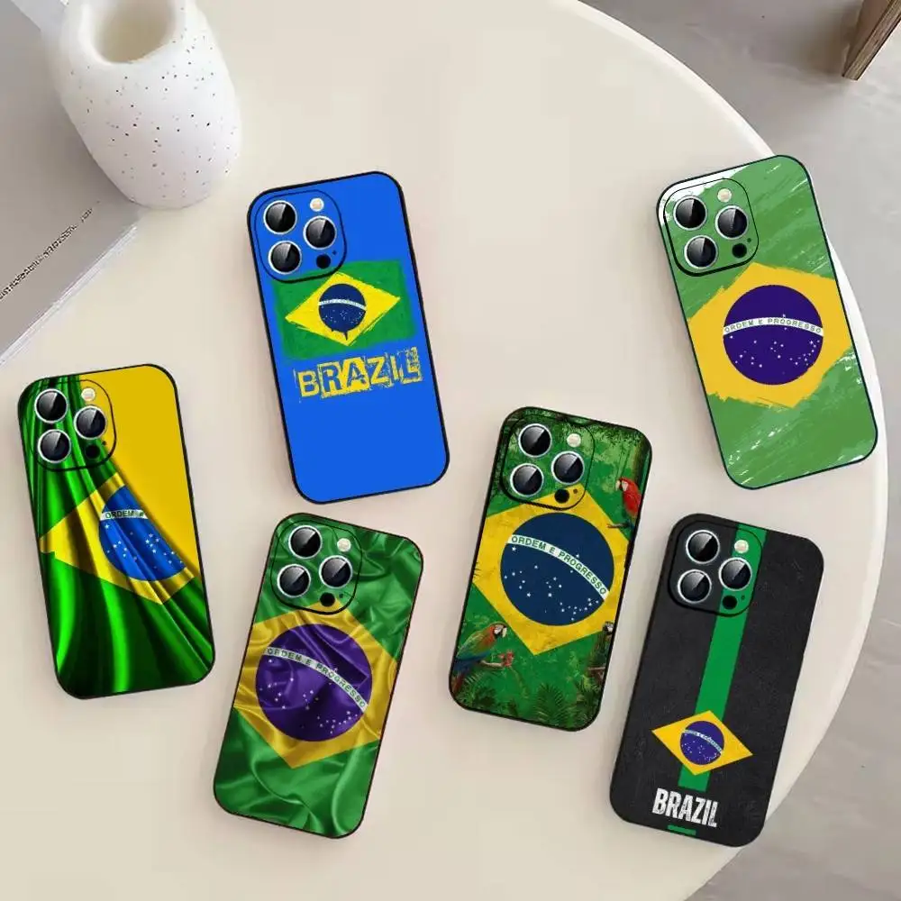 

Brazil Flag Football Fans Phone Case For iPhone 17,16,15,14,13,12,11 Plus,Pro Max,XS,Soft Black Cover