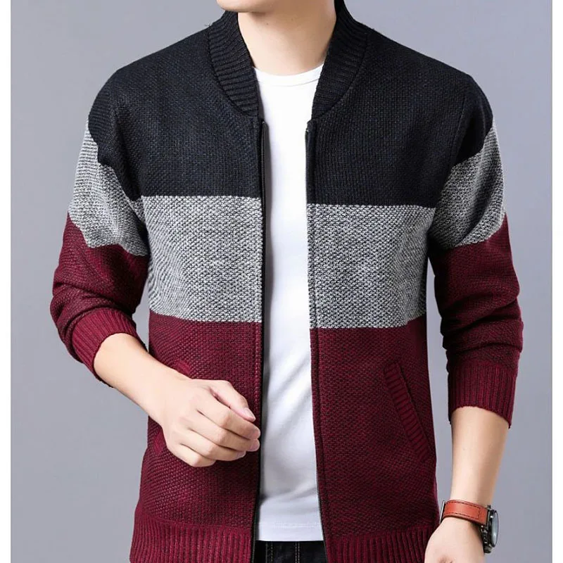 

2023 Autumn and Winter Fashion Plush and Thickened Color Blocked Vertical Collar Zipper Versatile Long Sleeve Sweater Cardigan