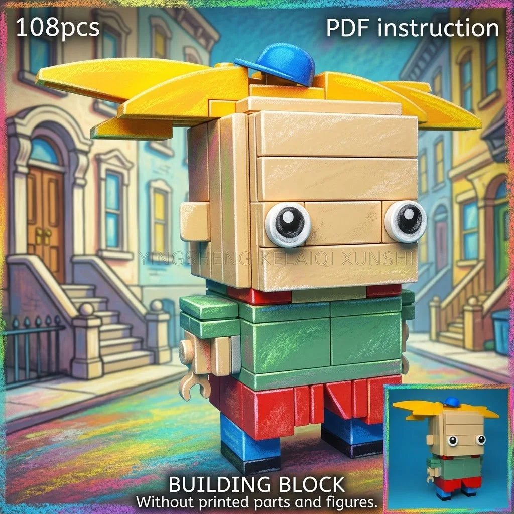 

Фигурка мальчика-футболиста с желтыми шиповатыми волосами и маленькой синей шляпкой, модель MOC из блоков