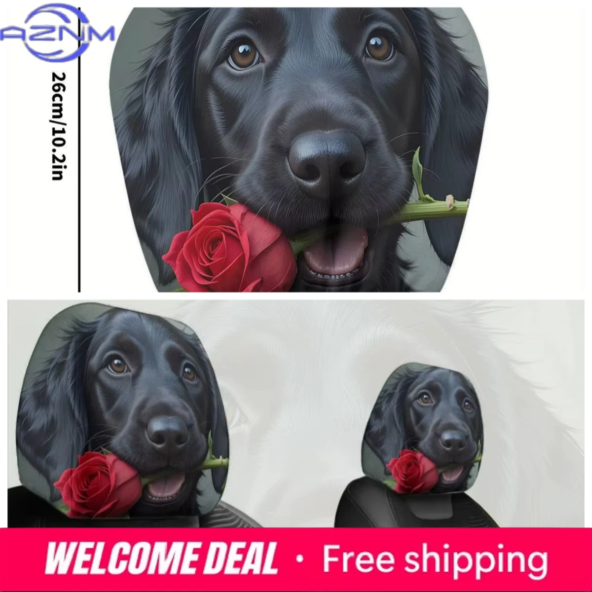 

"Valentine's Day Limited Edition" 2PCS black puppy car headrest covers with roses, elastic and comfortable car interior parts