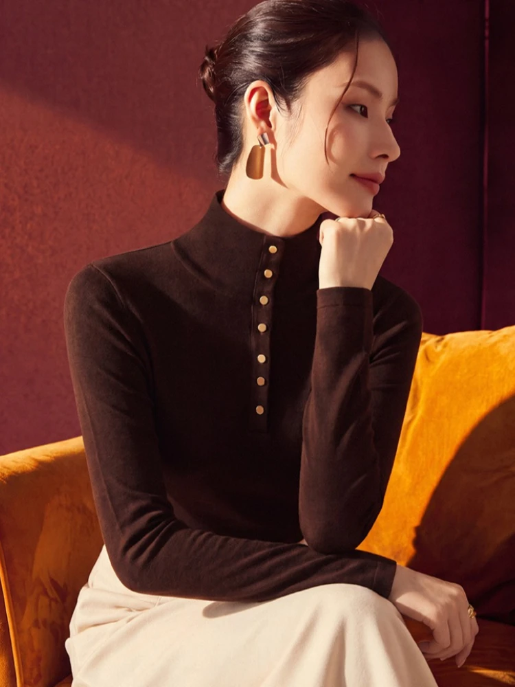 2026 Winter Women Cashmere Blend Thermal Top Button Front Fleece Lined Thick Inner Outer Wear Slim Warm Undershirt Tee